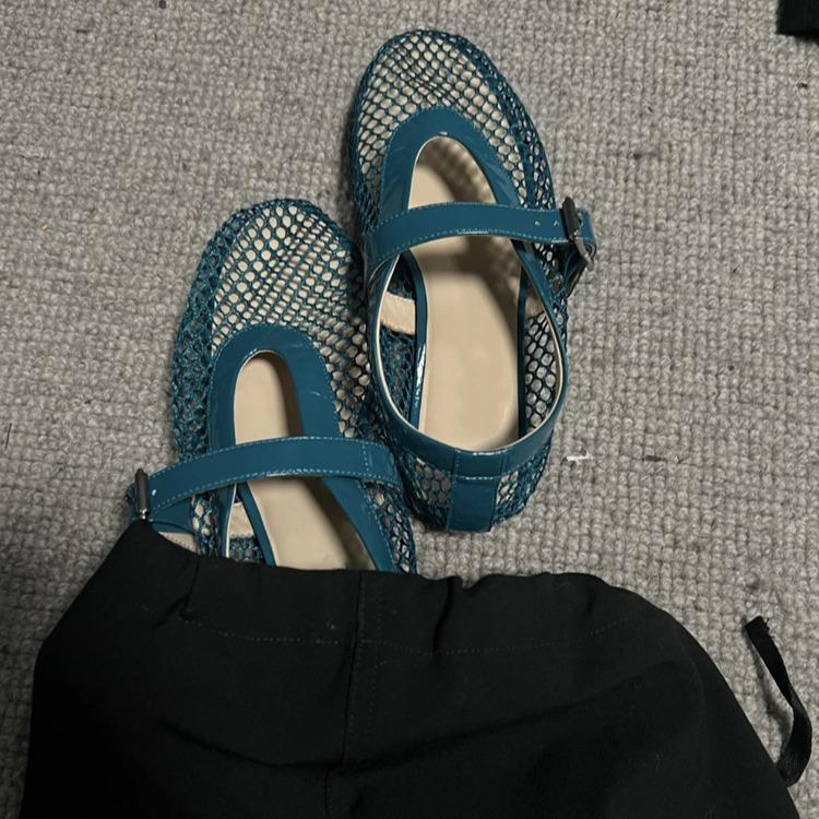 Sheepskin Version~ Round Head Design Fish Grid Hollow Ballet Shoes Women's Summer Blue Fashion Flat-bottomed Belt Buckle Single Shoes