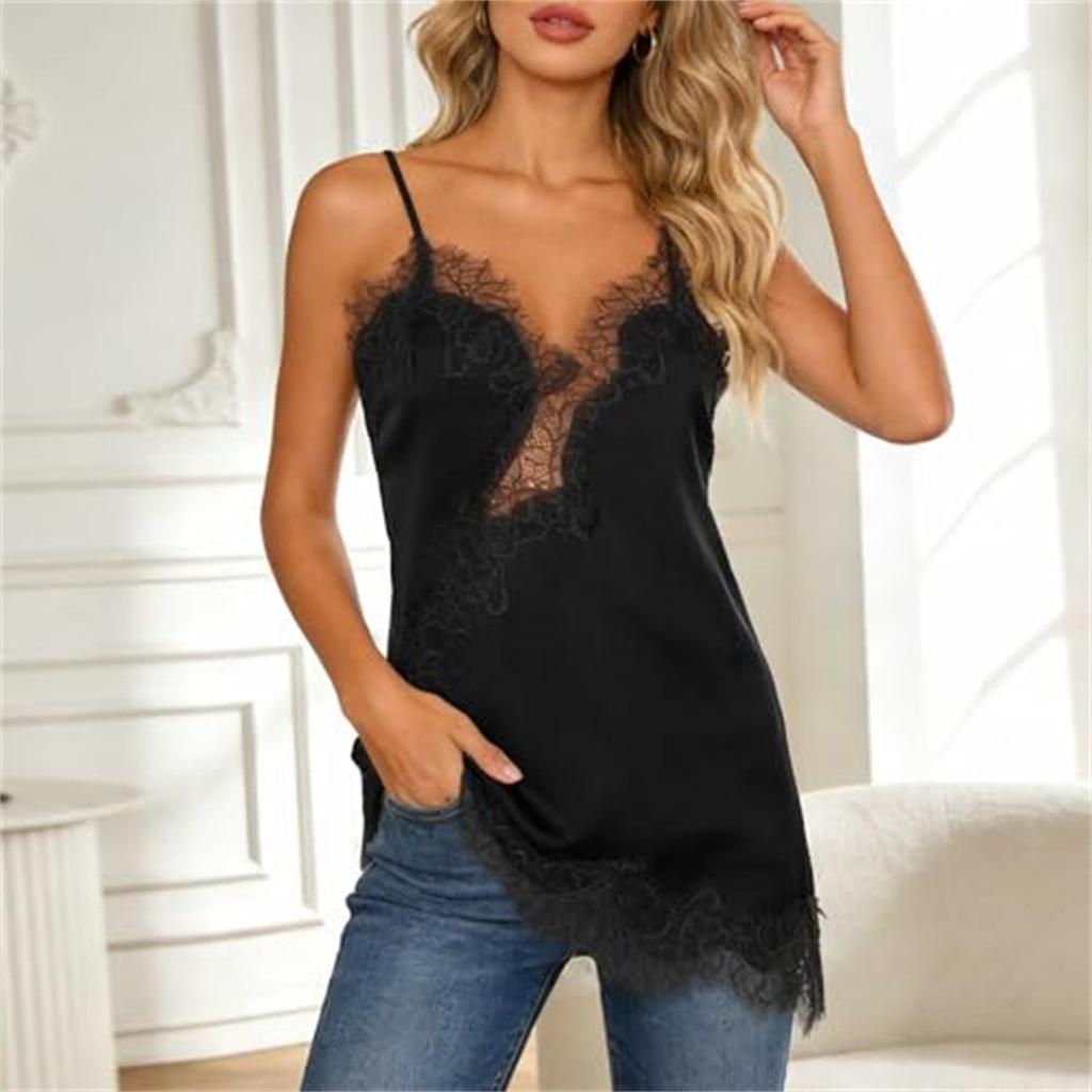 Women Fashion V Neck Satin Lace Camisole Adjustable Spaghetti Straps Sexy Cami Top