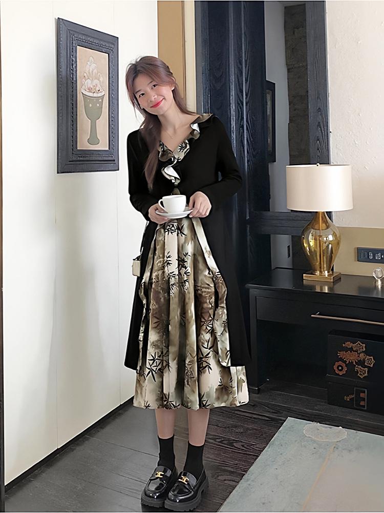 Chinese Style Plus Size Ruffle Dress for Spring & Autumn - 130-320 Jin, Women's Fake Two-Piece Long Dress (2026)