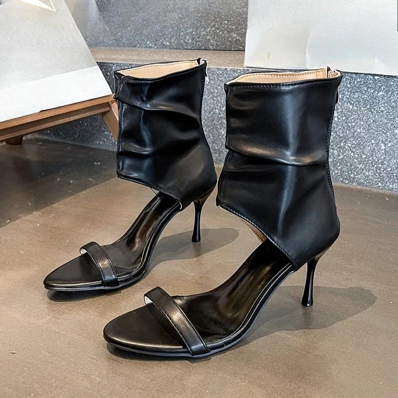 New Sandals Summer Fashion Round Toe Open Toe One Line Strap Rear Zipper Anti-Slip Wear-Resistant Stiletto Heels