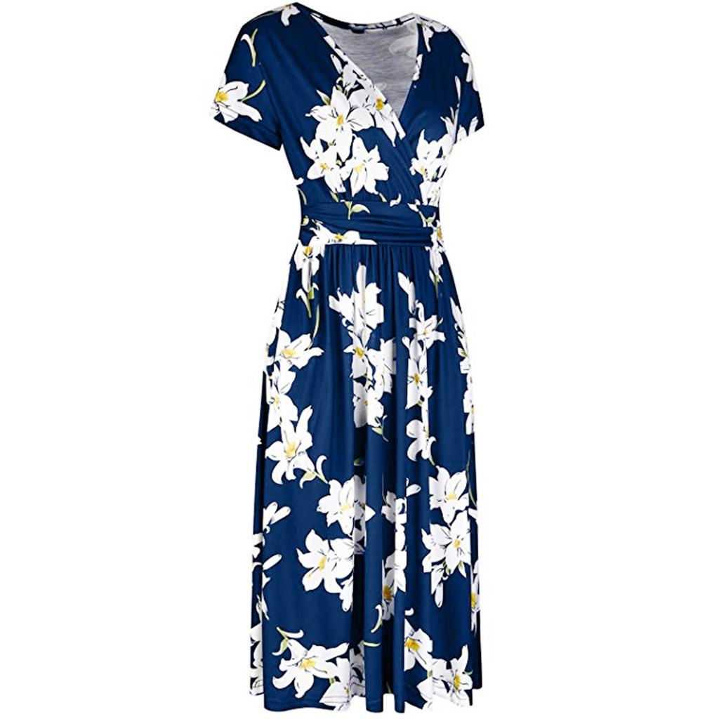 Women's New Summer Printed V-Neck Design Temperament Mid Length Dress