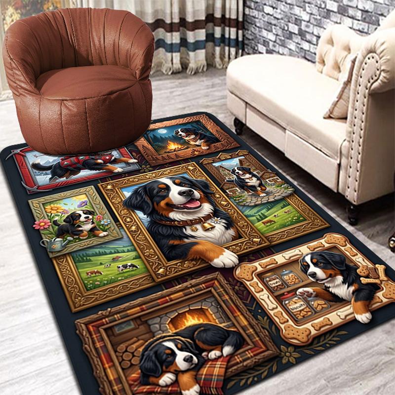 Bernese Mountain Dog Adventures Pattern Rug Floor Mat for Living Room or Bedroom Soft and Comfortable Carpet a Gift for Birthday and Holiday.