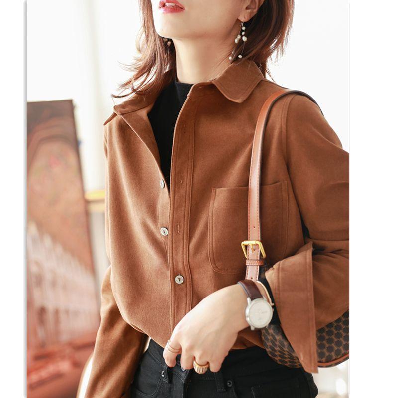 Brushed Shirt Autumn and Winter Thickened Casual Design Bottoming Top Long-sleeved Shirt Commuting Loose Jacket Women's Clothing