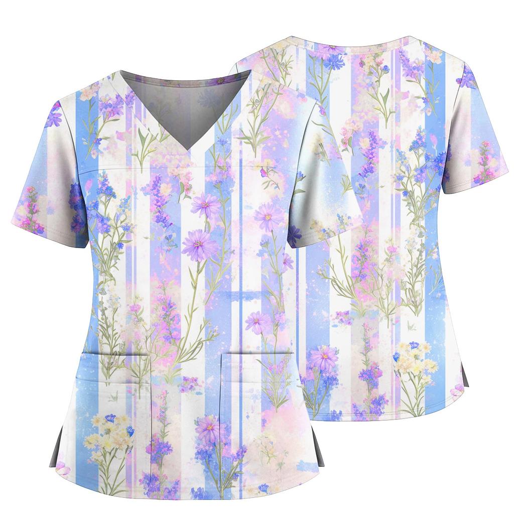 Top casual de damă cu imprimeu, gât în V, buzunar, crăpătură laterală, mâneci scurte, top cu mâneci scurte