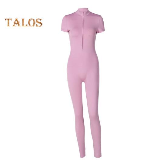 Summer Women Yoga Jumpsuit Half Zipper Short Sleeves Stand Collar Skinny High Elastic Tight Butt-lifted Casual Solid Color Spring Sporty Jumpsuit