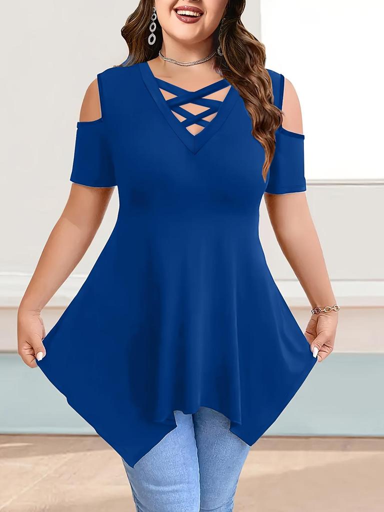 V-Neck Off-Shoulder Short Sleeve Crossover Strap Women's T-Shirt