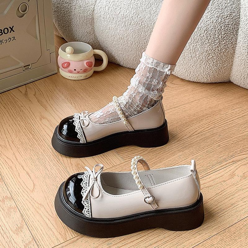 Pearl Bow Platform Small Leather Shoes Women's Summer New with Skirt Mary Jane Single Shoes