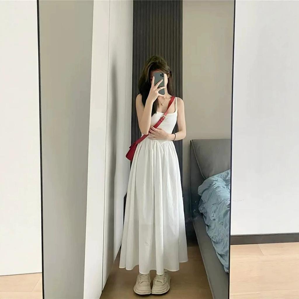inner + shoulder strap adjustable French white suspender skirt waist thin long skirt niche design dress