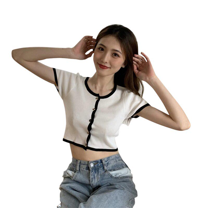 

Простой вязаный кардиган женский дикий тонкий топ с круглым вырезом и короткими рукавами one size белый