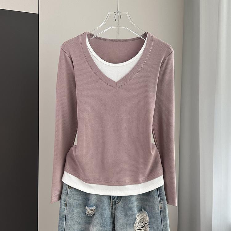 

Color Block Fake Two-Piece Long Sleeve T-Shirt Loose Slim Fit Base Top For Autumn Versatile Breathable Soft Material Flattering Slim Women Top 2XL