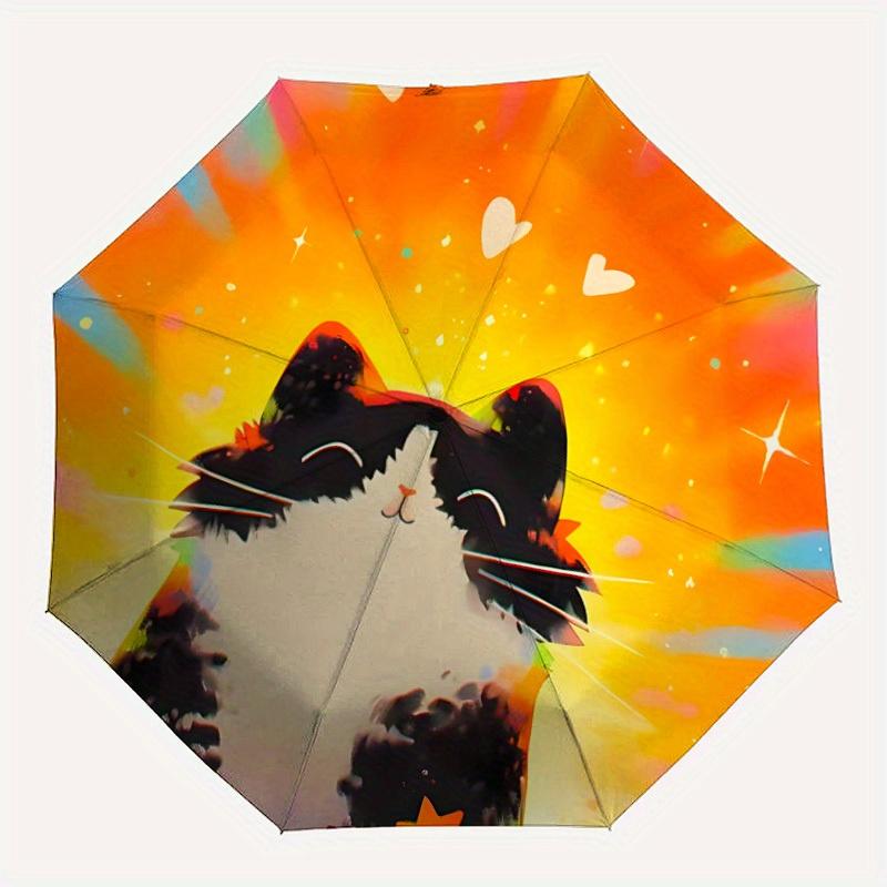 1pc Cat Sunset Automatic Open 8-Rib Windproof Umbrella, Travel & Commuting, Suitable for All Seasons, Lightweight Portable,039