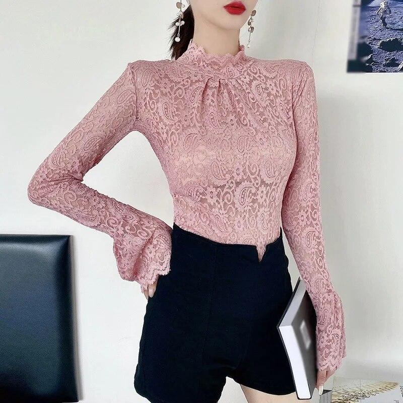 Dámský krajkový top Košile Slim Fit Základní vrstva Tričko Ležérní Tričko Podzimní Oblečení Volný rukáv Poloviční rolák