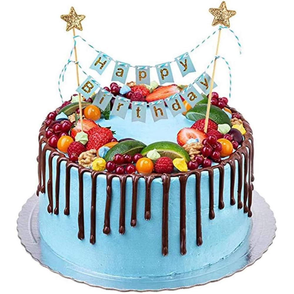 Adults Happy Birthday Gold Bunting Stars Baking Decoration Cake Flags Cake Topper Party Supplies