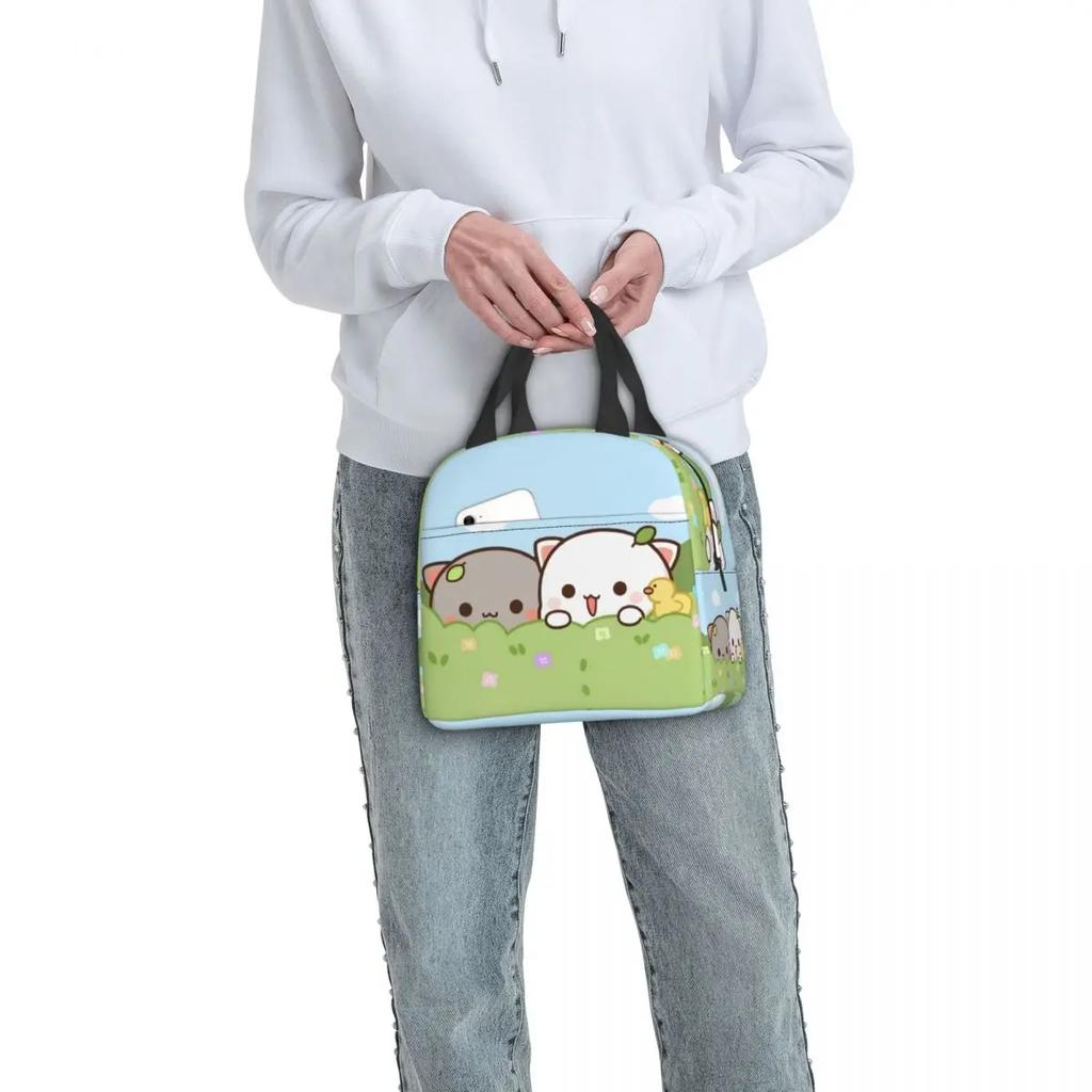 Peach and Goma Insulated Lunch Bags for Work School Picnic Cartoon Mochi Cat Leakproof Cooler Thermal Lunch Box for Women Kids