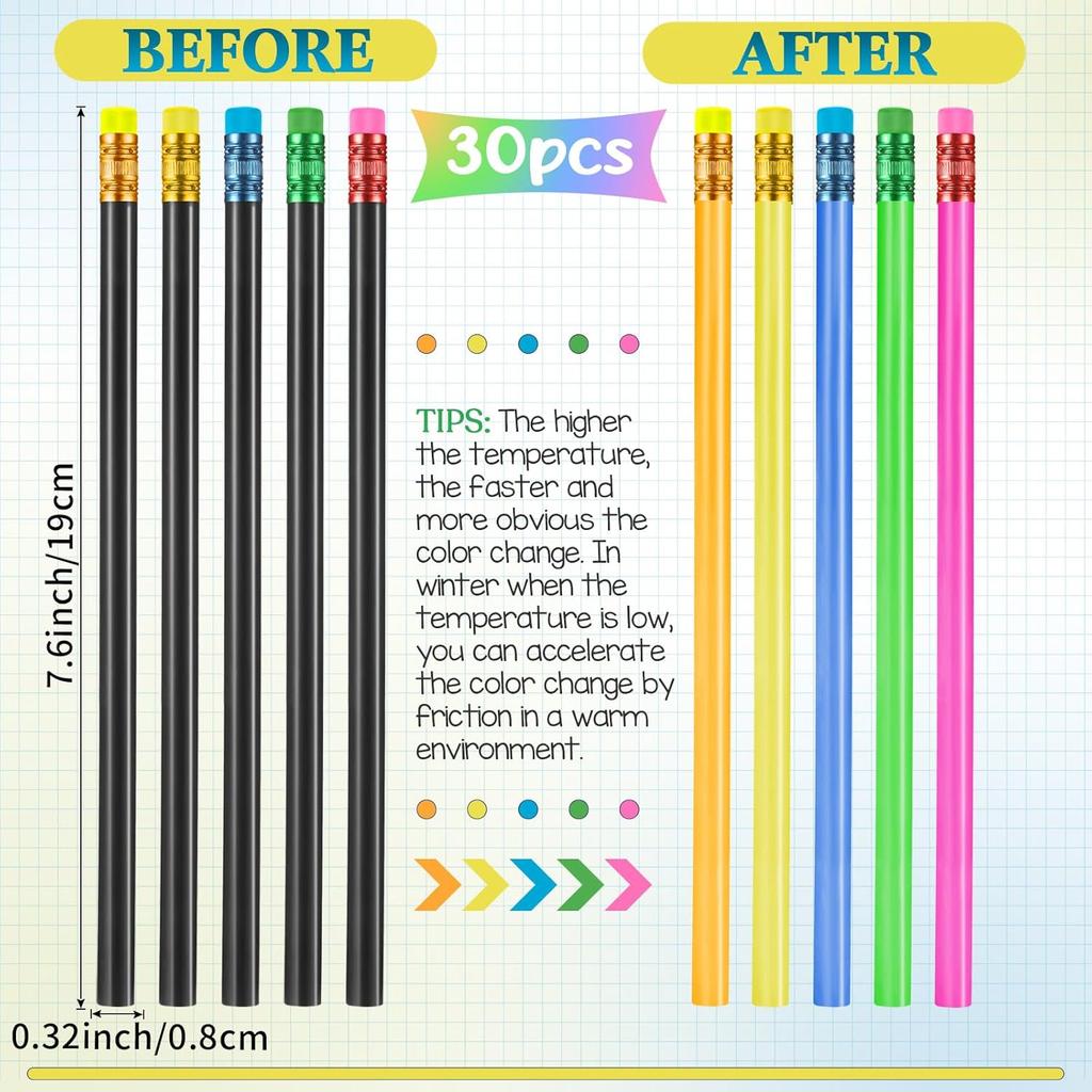 Outus 30 Pieces Color Changing Mood Pencil Bulk with Eraser 2B Wooden Heat Activated Fun Pencils Assorted Colors Thermochromic Pens Gifts for Prizes