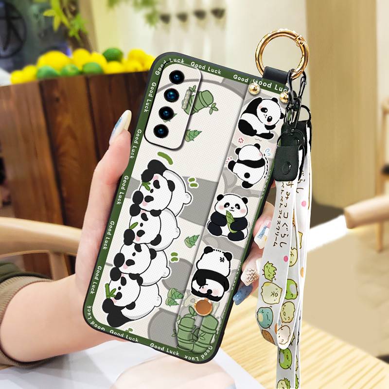 Fashion Design Cute Phone Case For Tecno Camon17P Phone Holder Cartoon Back Cover Shockproof Panda Silicone Ring Lanyard