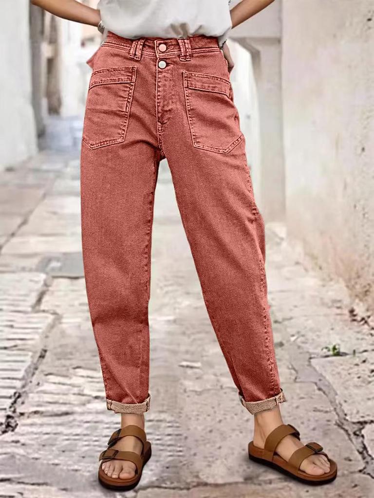 Green Button-Row Mid-Waist Straight-Leg Jeans with Slant Pockets for All Seasons