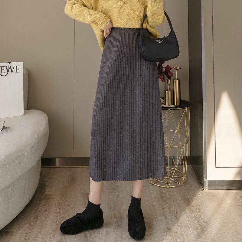 Umbrella A-Line Women's Autumn Winter Knitted Midi Half Skirt Slim-Fit High Waist Wool Skirt