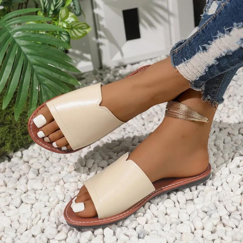 Mode 2025 Sommer Basic Damen Hausschuhe Mode Outdoor Alltags Hausschuhe Damen Neu Offene Zehen Übergröße Prägnante Flache Hausschuhe Zapatos