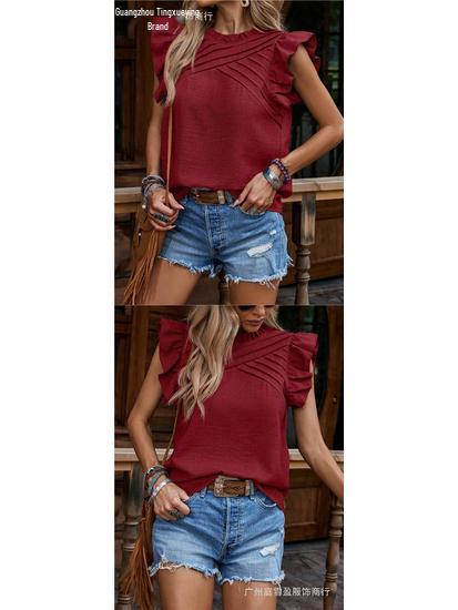 Women's Pure Color Ruffled Raglan Sleeve Top