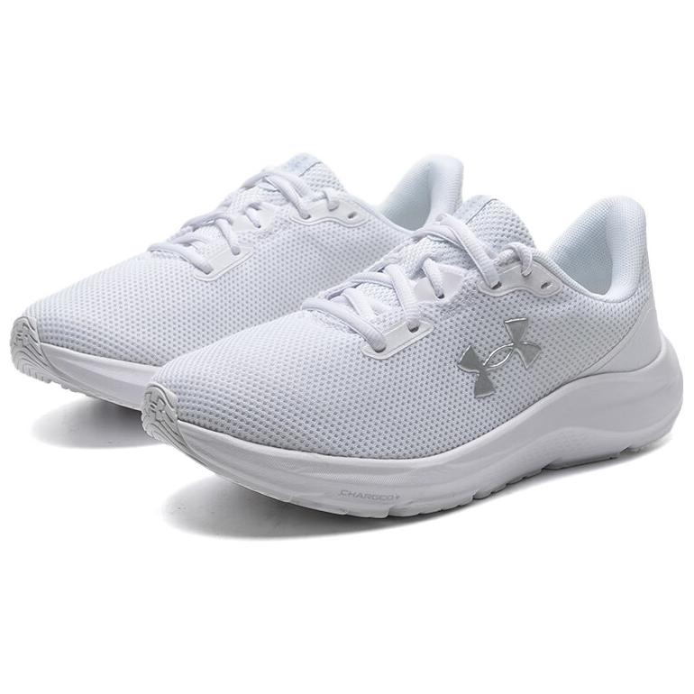 Under Armour  Charged Pursuit 4 White Metallic Silver Women Sneakers 3028261-101