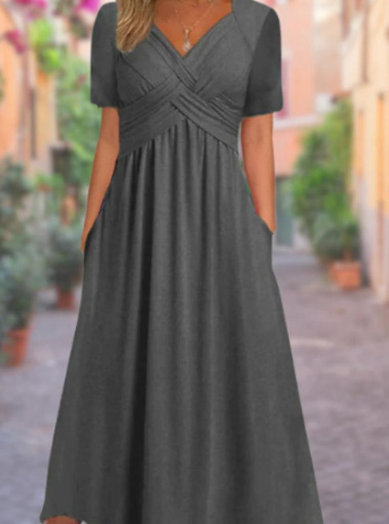 Women's Short Sleeve Midi Dress V Neck High Waist Streetwear Casual Solid Flared Long Dress With Side Pockets