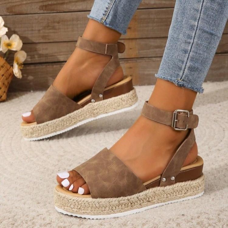 

Модные женские босоножки на ремешке вокруг щиколотки, повседневные клинья, туфли на высоком каблуке, женские однотонные кожаные сандалии на ремешке с пряжкой, летние сандалии большого размера 43 темно-коричневого