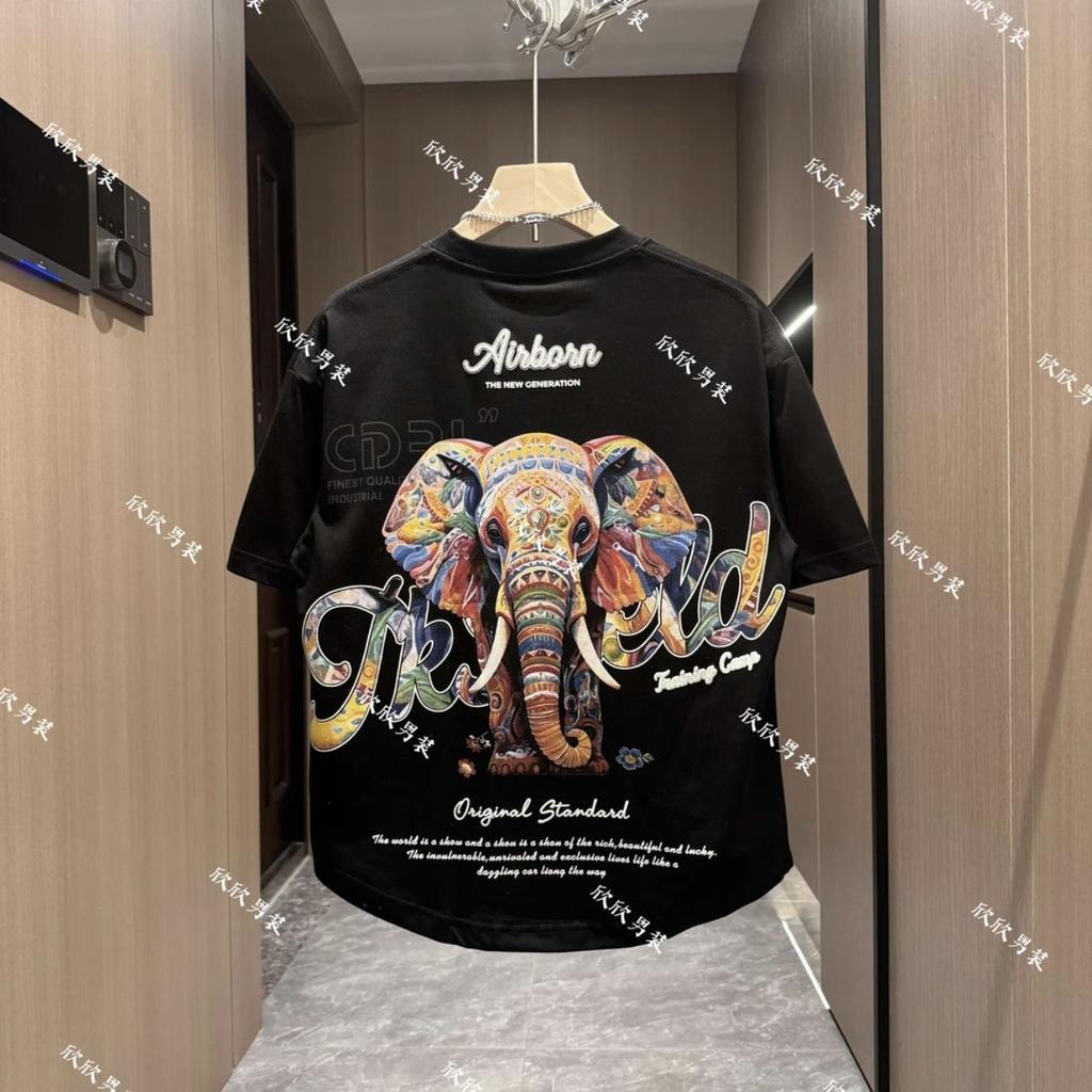 New Short-sleeved Men's Painted Trendy Elephant Print Casual Fashion Versatile T-shirt