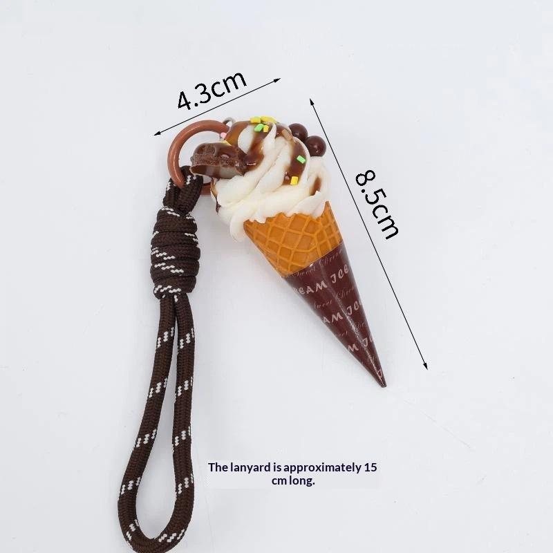 Simulation Ice Cream Cone Keychain Braided Lanyard Realistic Design Backpack Pendant Gift For Girls