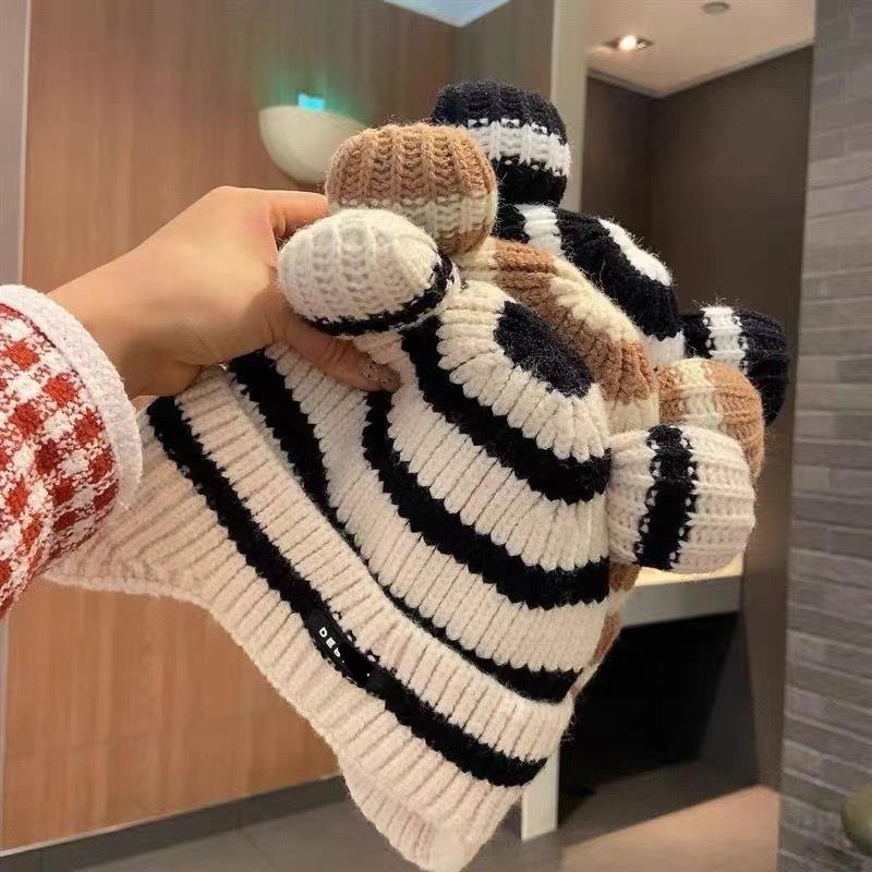 Baby hat autumn and winter striped ear hat cartoon children's warm fleece baby pullover knitted wool hat