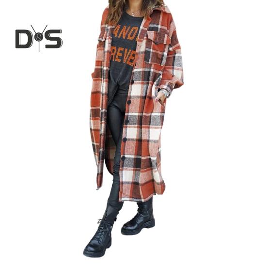 

Осень-зима Женское пальто Рубашечное однобортное с отложным воротником и нагрудными карманами, с разрезом по низу, средней длины, для повседневной носки, для работы и отдыха S оранжевый