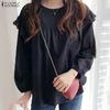 ZANZEA Women Casual Round Neck Long Sleeve Lace Crochet Splice Blouse