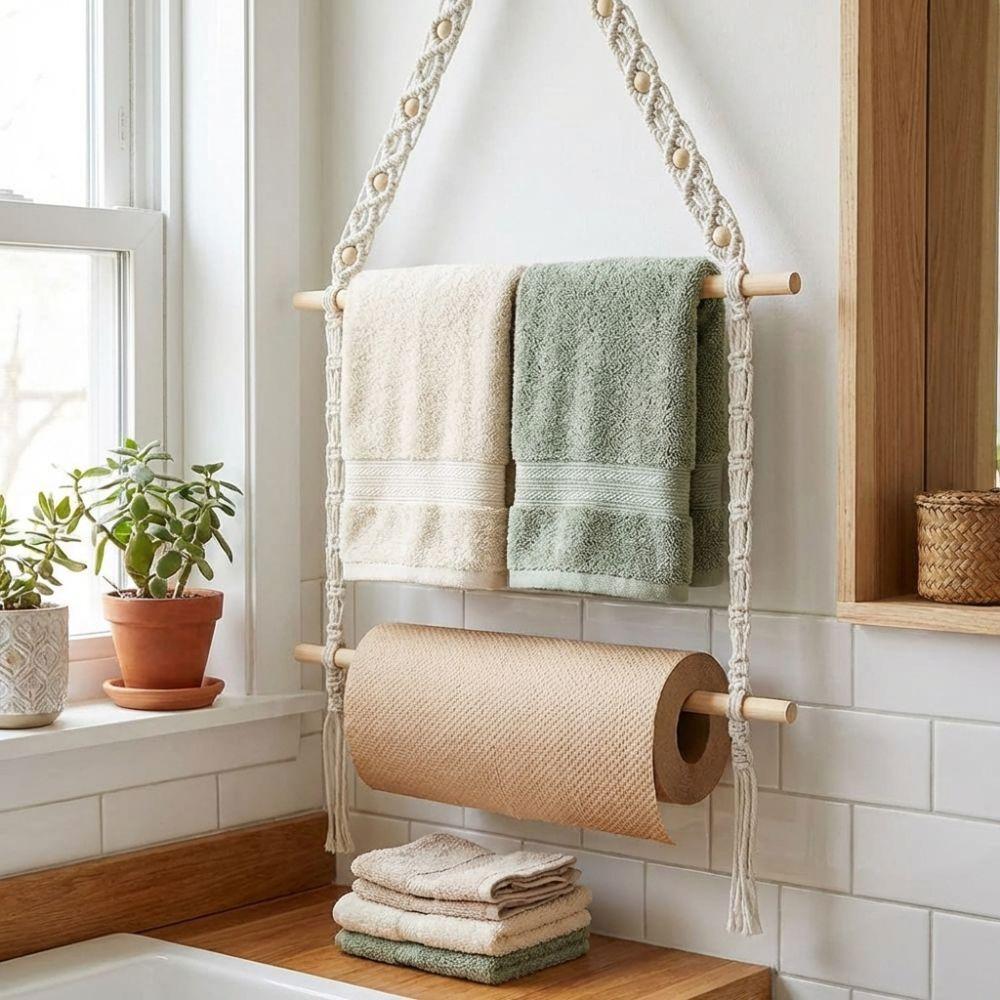 Double-layer Wooden Towel Holder Hand-woven Toilet Paper Holder Tissue Paper Racks  Bathroom