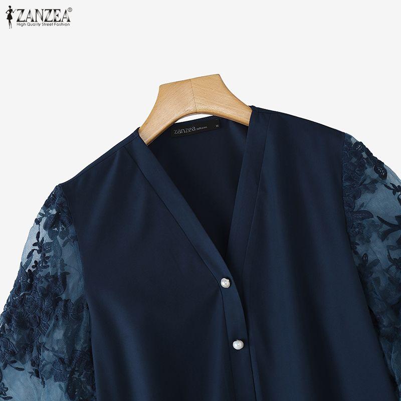 ZANZEA Women Lace Splice Half Sleeve Casual V-Neck Elegant Blouse