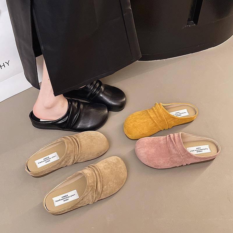 One pedal bag head and half slippers women's new outer wear retro round head versatile thick bottom soft leather