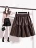 Plus Size High-Waisted PU Leather A-Line Layered Mini Skirt Pants for Spring/Autumn - Fluffy, Anti-Exposure, Slimming