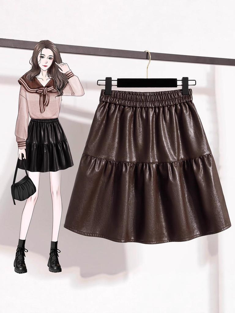 Plus Size High-Waisted PU Leather A-Line Layered Mini Skirt Pants for Spring/Autumn - Fluffy, Anti-Exposure, Slimming