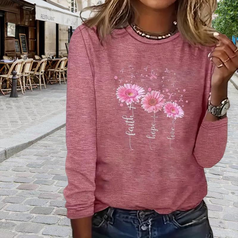 Tops For Women Pink Flowers Print Round Neck Long Sleeve T-shirt Fall Casual Slim Pullover Women's Long Sleeve Top