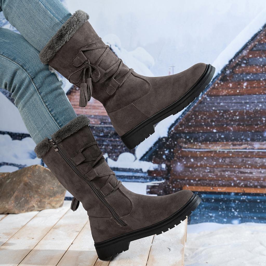 Women's soft elastic winter warm cold padded tassel snow boots non-slip wear outdoor leisure sports leather mid-calf cotton boots
