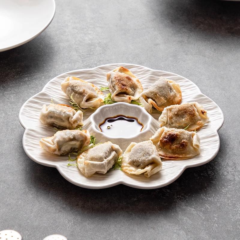 White Ceramic Divided Plate with Vinegar Dish for Dumplings, Shrimp, Breakfast, or Fries