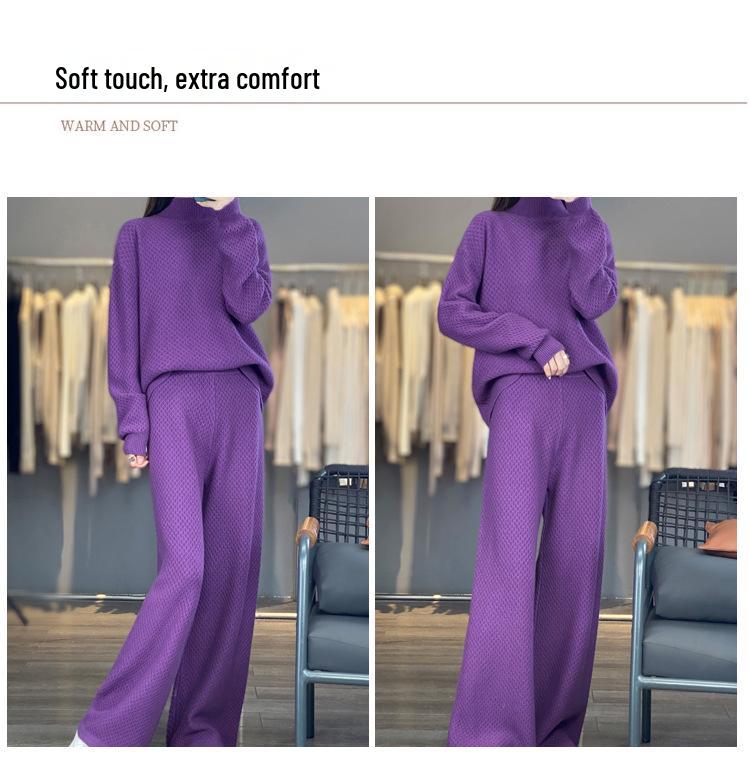 Women's Purple High Neck Wool Sweater & Wide-Leg Pants Set - Autumn/Winter Fashion