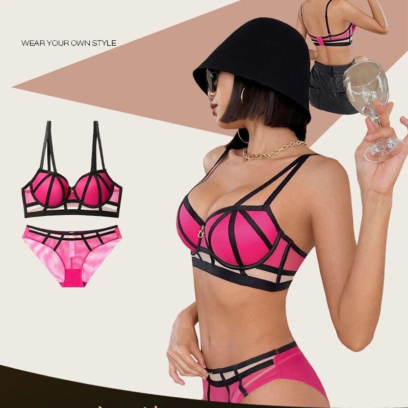 

Модный брендовый женский комплект нижнего белья, сексуальный полый комплект с бюстгальтером пуш-ап, романтическое розовое кружевное белье, классический бандажный бюстгальтер больших размеров 85D ярко-розовый