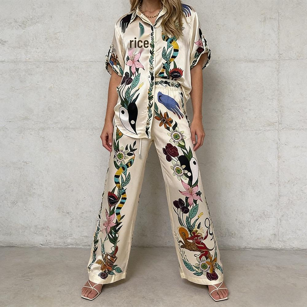 Spring/Summer Light Luxury Printed Cardigan & Casual Two-Piece Set - Women's European & American Style