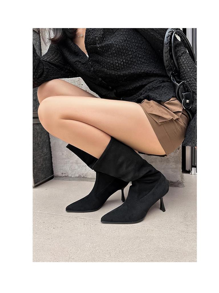 Song Xixi Apricot High Heel Slouch Cowboy Ankle Boots - Versatile Mid-Calf Stiletto for Women