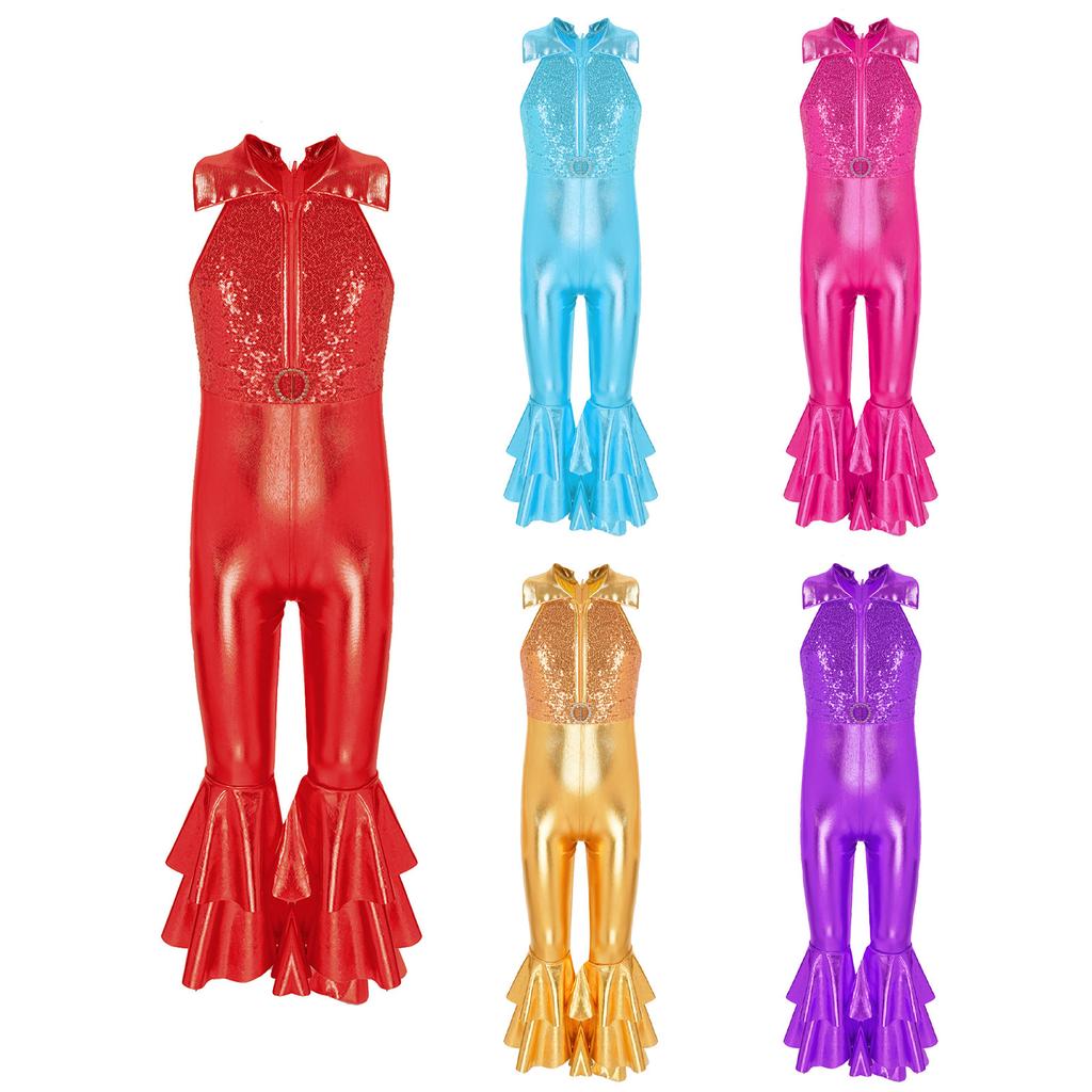 Girls Performance Jumpsuit Sleeveless Turndown Collar Shiny Sequins Zipper Design Bell Bottom Pants