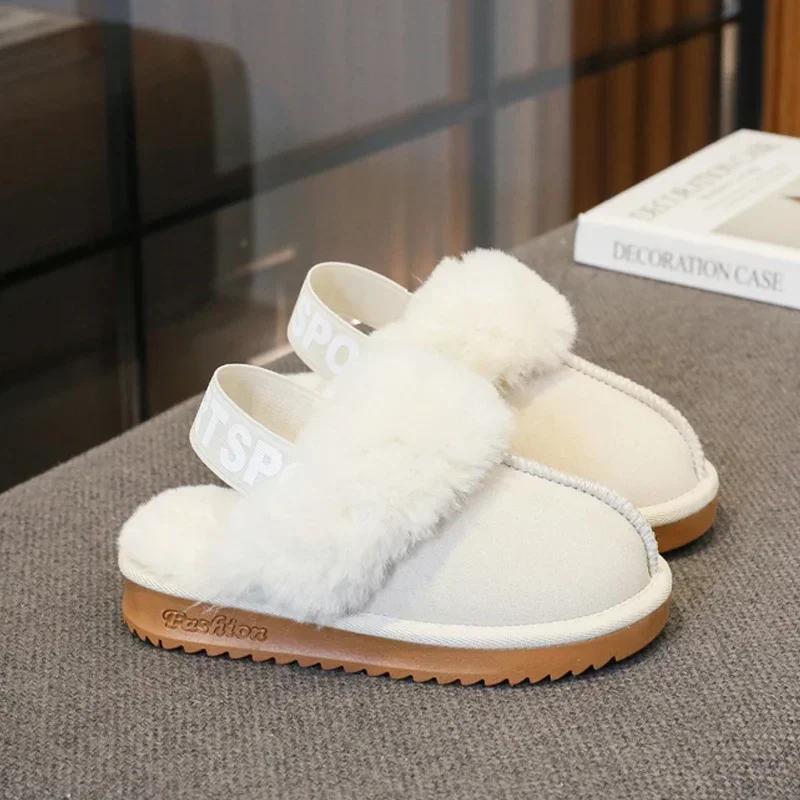 Fashion Elastic Band Fur Slippers Kid Girl Brand Design Winter Plush Sandals Luxury Slip-on Platform Mule Slide Child Warm Home Shoes