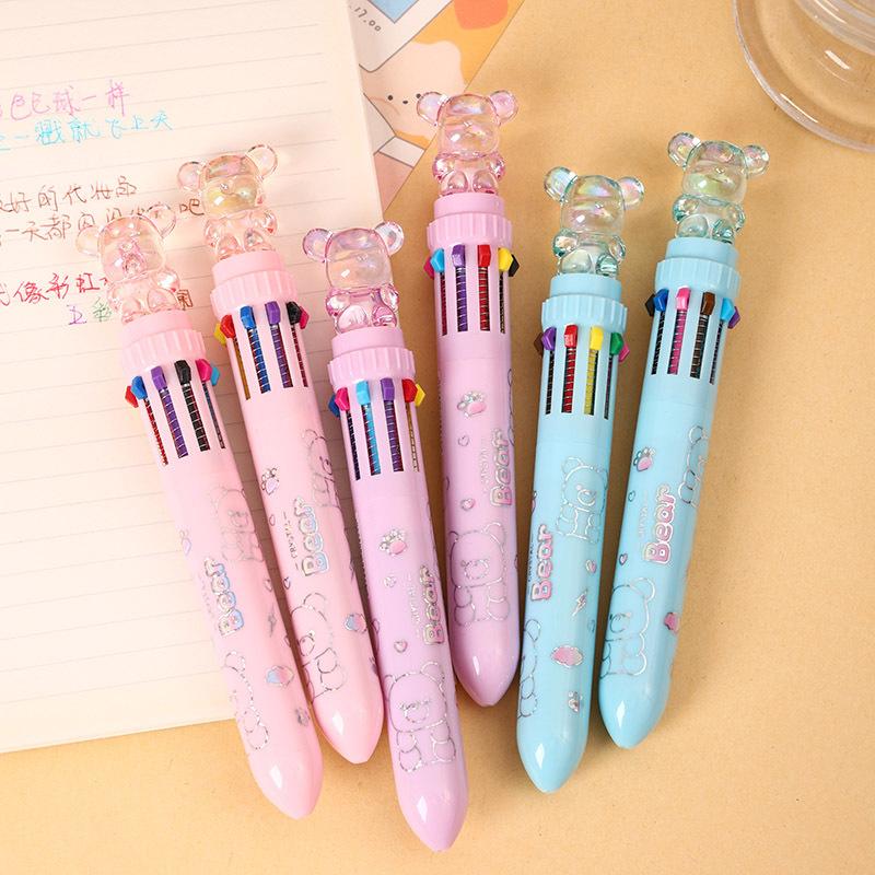 36Pcs with Box Kawaii Cartoon Crystal Bear 10 Color Ballpoint Pen Cute Multi Color Pen Gift Student School Stationery Oliday Gift Novelty Stationery T