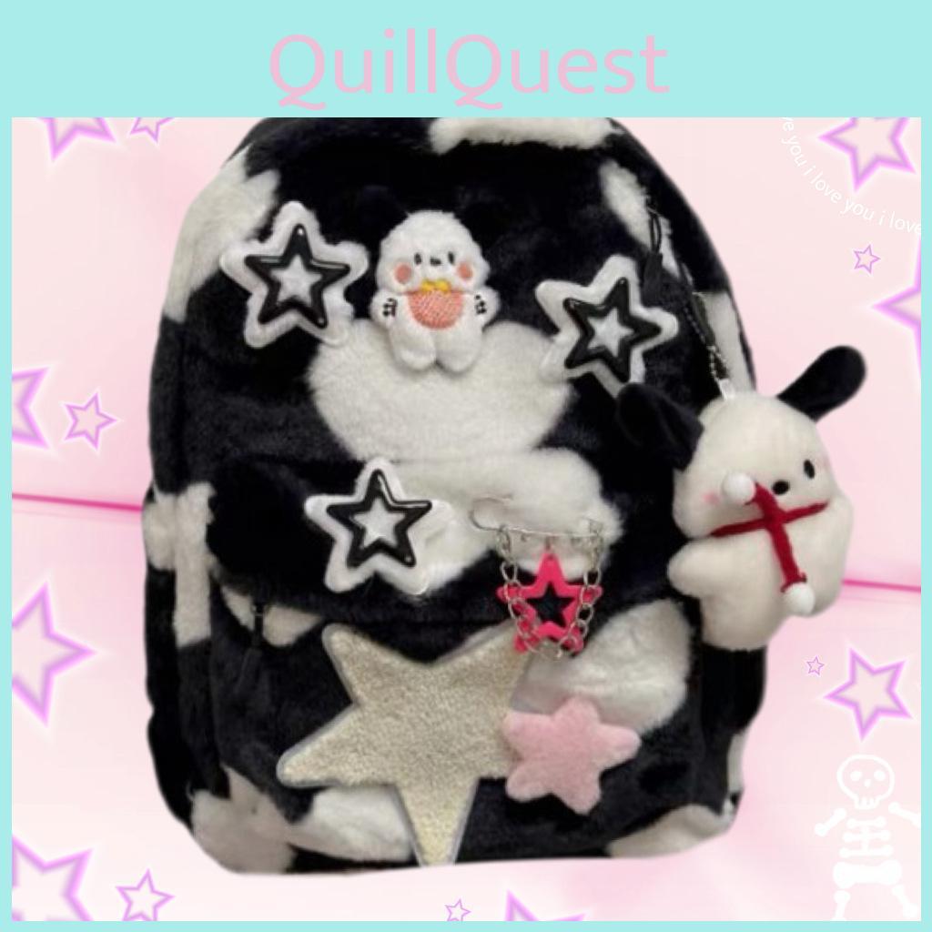 Handcrafted Black White Plush Dog Star Chain Backpack For Daily Use Girls And Boys