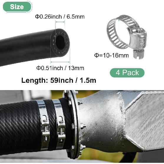 Fuel Line Hose, 6.5mm ID 13mm OD 4.9ft Length, NBR Rubber High Pressure Heat Resistant Gas Line Hose Oil Hose W 4pcs Clamps for Automotive Fuel