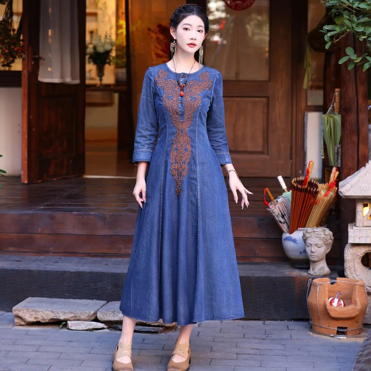

Johnature женское весеннее платье трапециевидной формы из хлопка с длинными рукавами в винтажном китайском стиле, однотонное хлопковое платье с вышивкой M синий